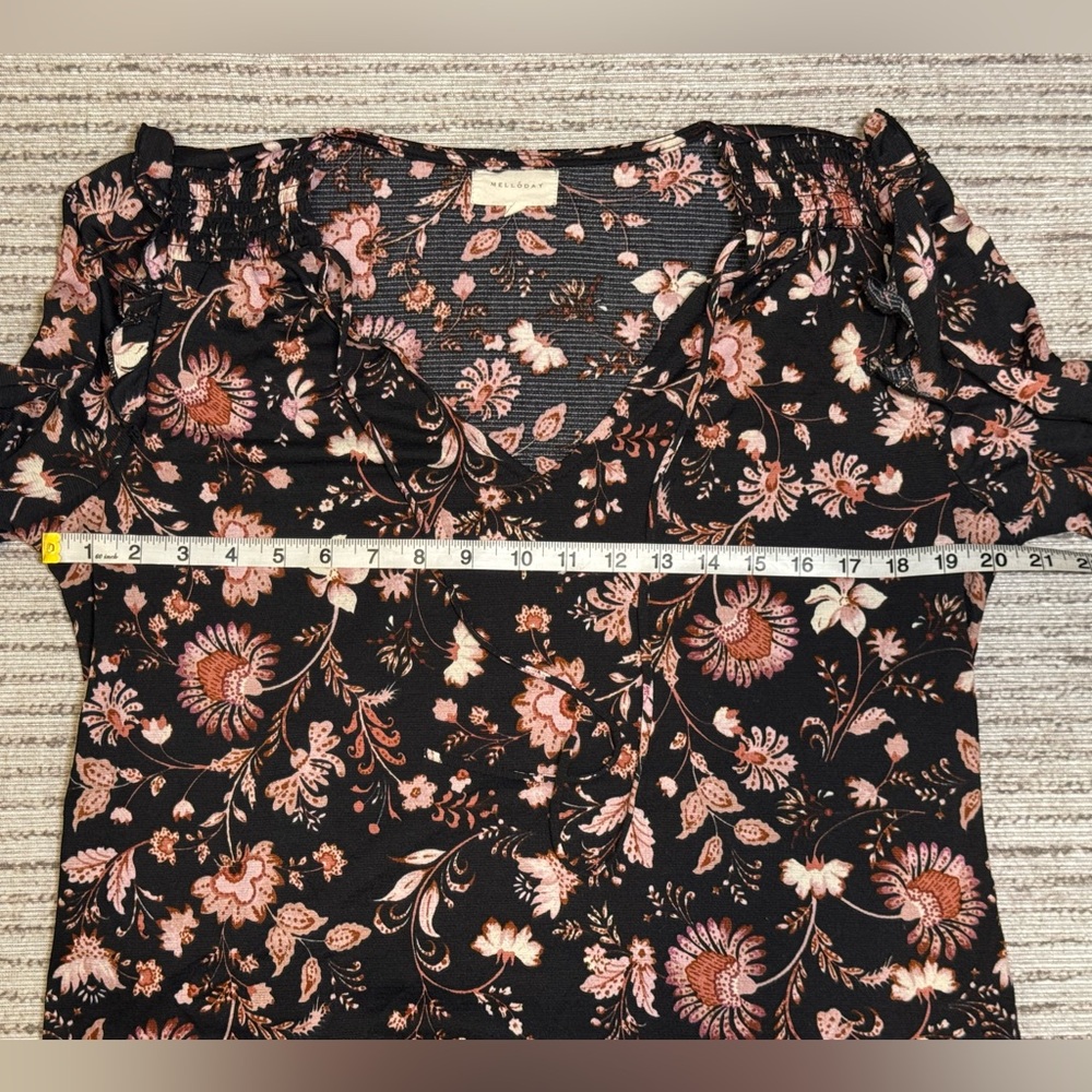Melloday Black Floral Ruffle Blouse Long Sleeve Size Large Boho - Picture 3 of 6